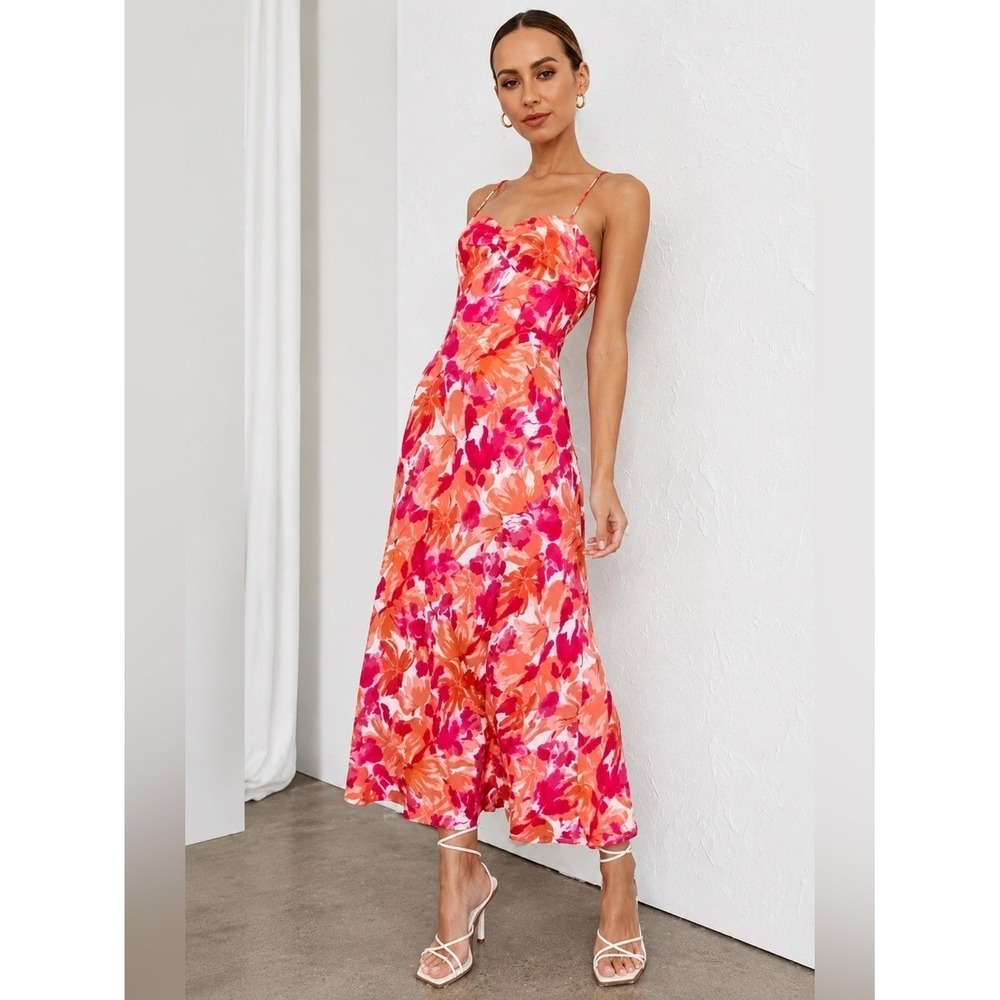 Jessica Simpson Floral Midi Sundress Womens S Pink Orange Smocked Summer Dress